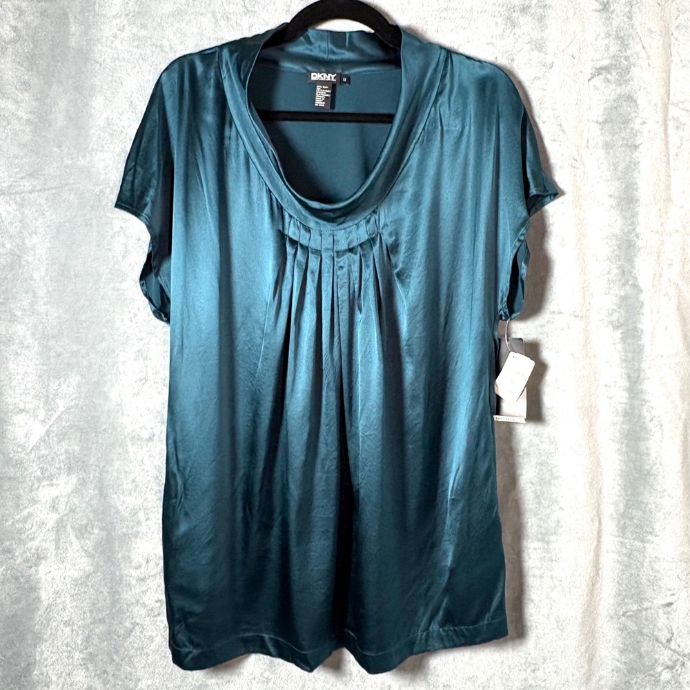 DKNY Emerald Green Silk Blouse Cowl Neck Pleated Career Top Size 12 NEW